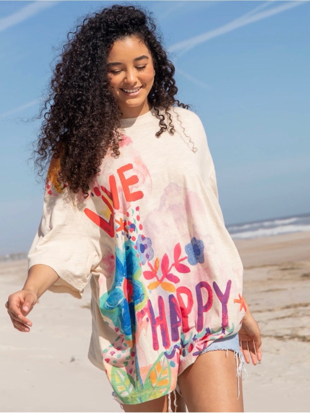 Natural Life One Size Womens Graphic Tee Live Happy Abstract Floral 100% Cotton